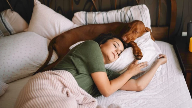 dog laying above woman's head affectionately.