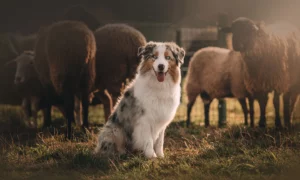Australian Shepherd sitting in a field amount sheep in the background.