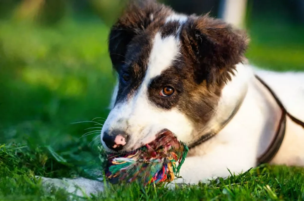 Aidi chewing on a toy on grass.