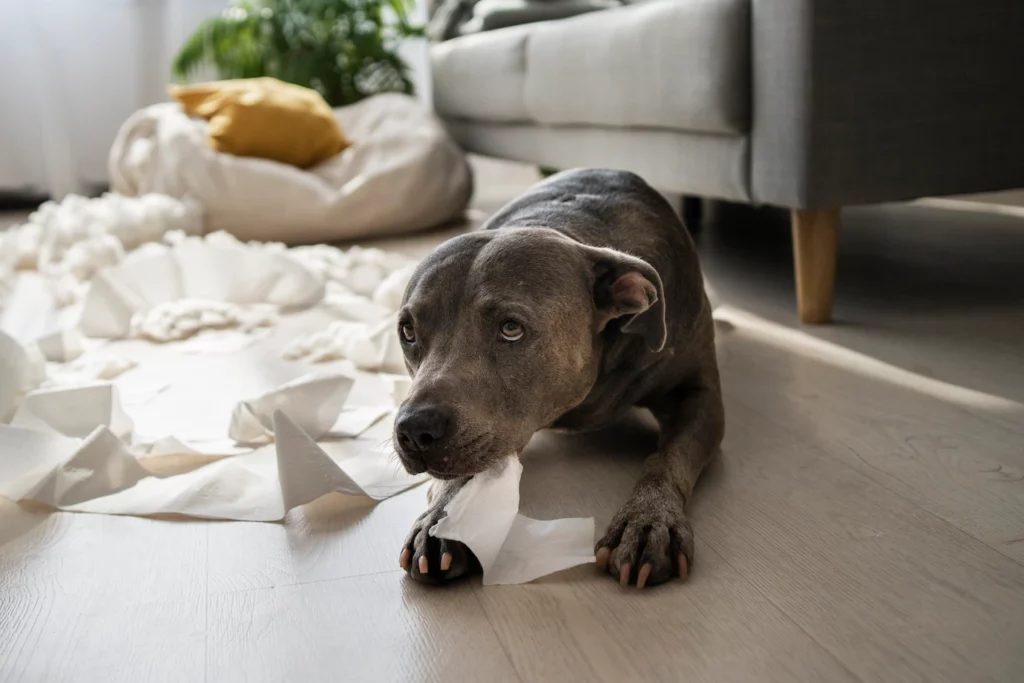 Dog playing with toilet paper