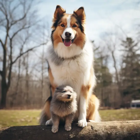 older dog hovering over puppy